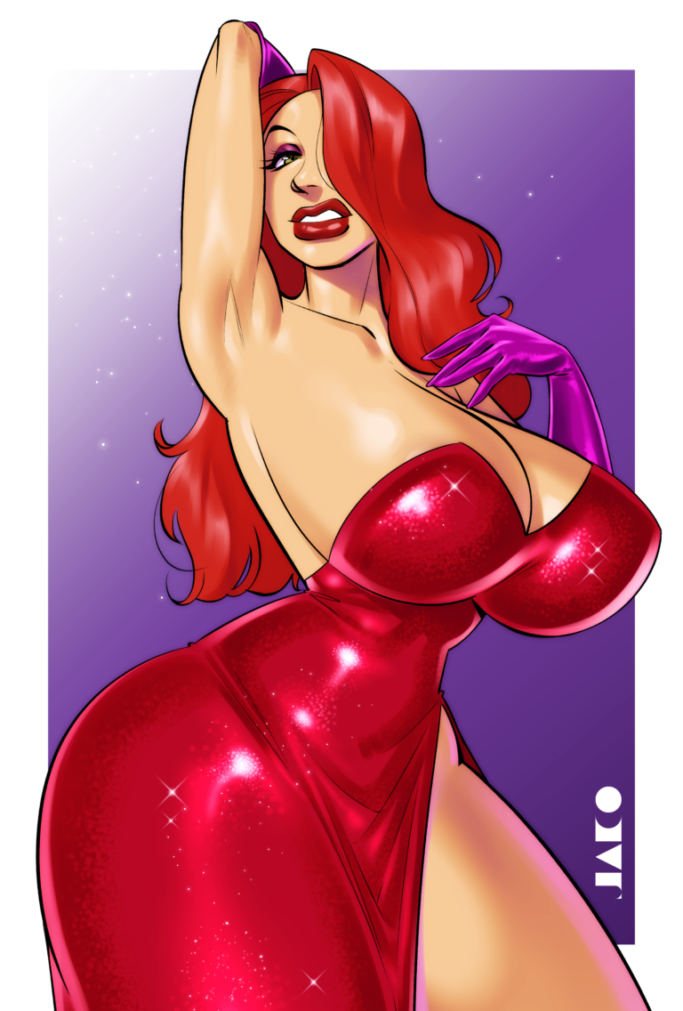 redhead Jessica Rabbit in a red hot and seductive dress, exuding irresistible allure.